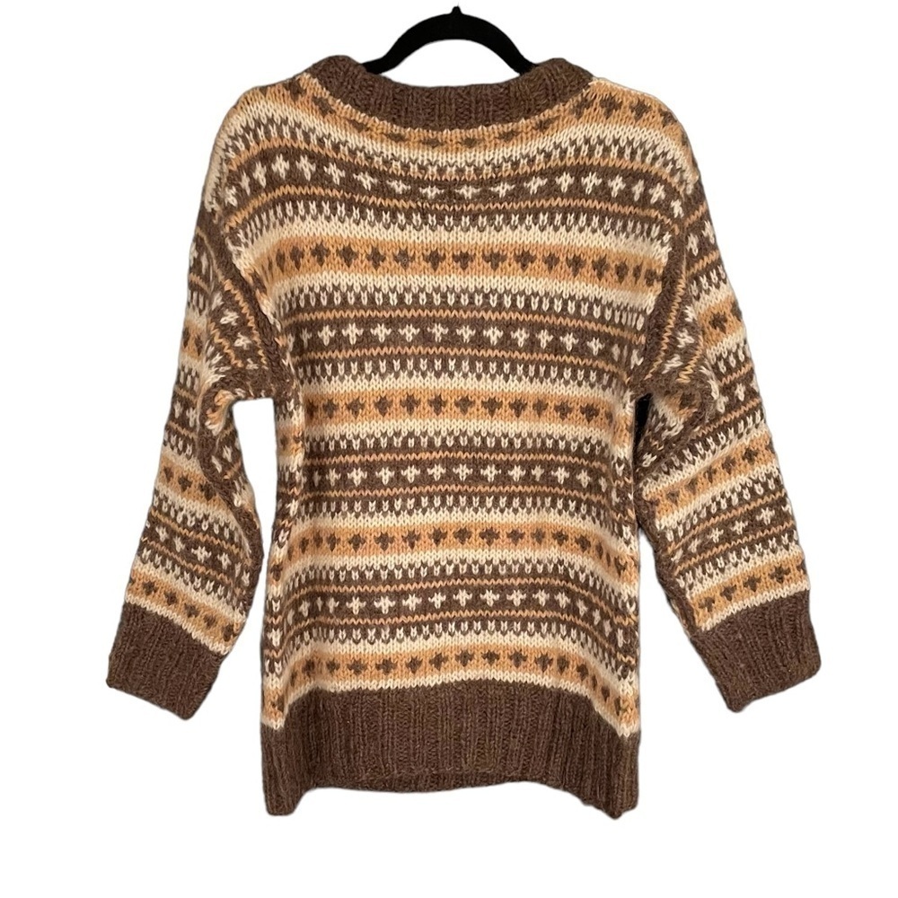 HAND KNIT Wool Sweater Pattern Design Brown Tan Cream L - Picture 4 of 6